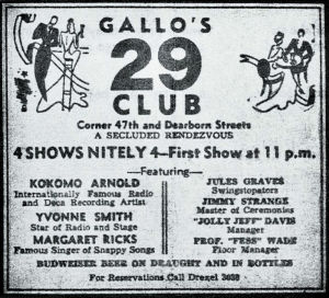 Kokomo Arnold at Gallo's 29 Club, Corner 47th and Dearborn Streets in Chicago, IL, July 1938 (Chicago Defender ad, 2nd July 1938); source: Leaflet accompanying Agram LP AB 2015 (NL 1990); photoshop enhanced by Stefan Wirz; click to enlarge!