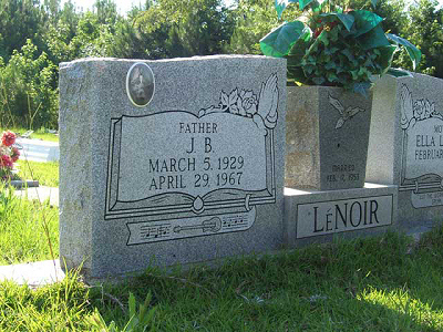 J.B.  L E N O I R's grave at Salem Church Cemetery, Monticello, MS; source: http://www.deadbluesguys.com/dbgtour/lenoir_j_b.htm