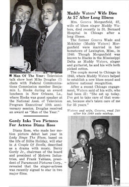 'Muddy Waters' Wife Dies At 57 After Long Illness'; source: JET Magazine Vol. XLIV, # 2 (April 5, 1973), p. 55; photographer: most likely Norman L. Hunter