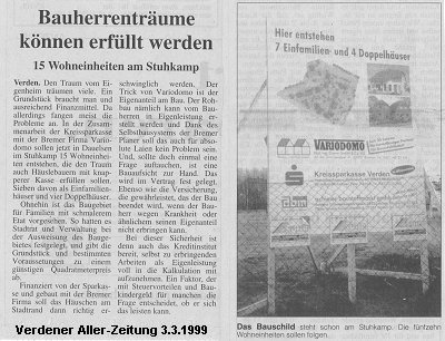 Verdener Aller-Zeitung vom 3.3.1999: Bauherrentr�ume k�nnen erf�llt werden - 15 Wohneinheiten am Stuhkamp